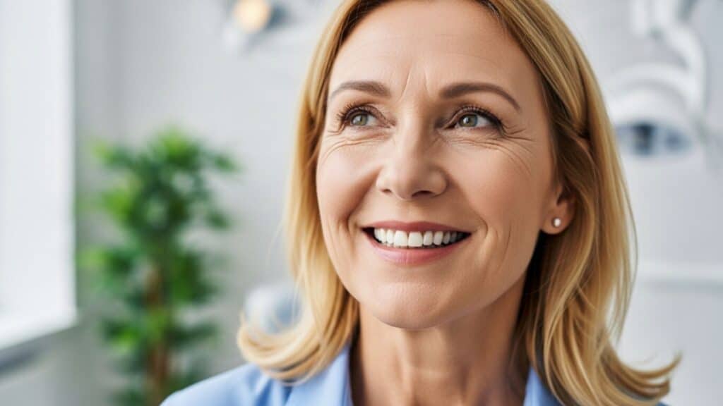 a happy, mature woman smiling confidently, contemplating the benefits of dental implants