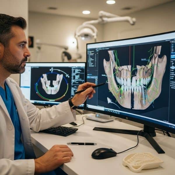 a dentist analyzing a 3D jawbone scan to determine candidacy for a dental implant
