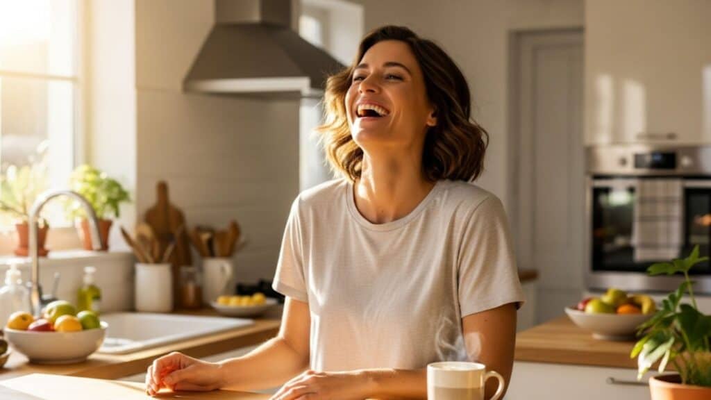 a healthy and happy woman laughing in her kitchen