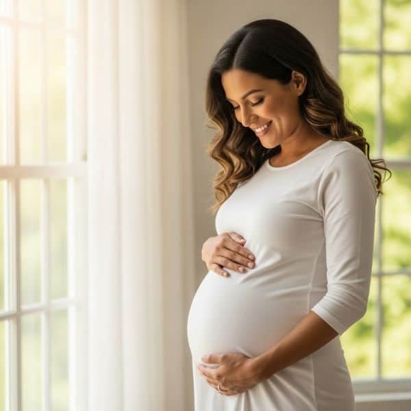 a smiling pregnant woman cradling her belly