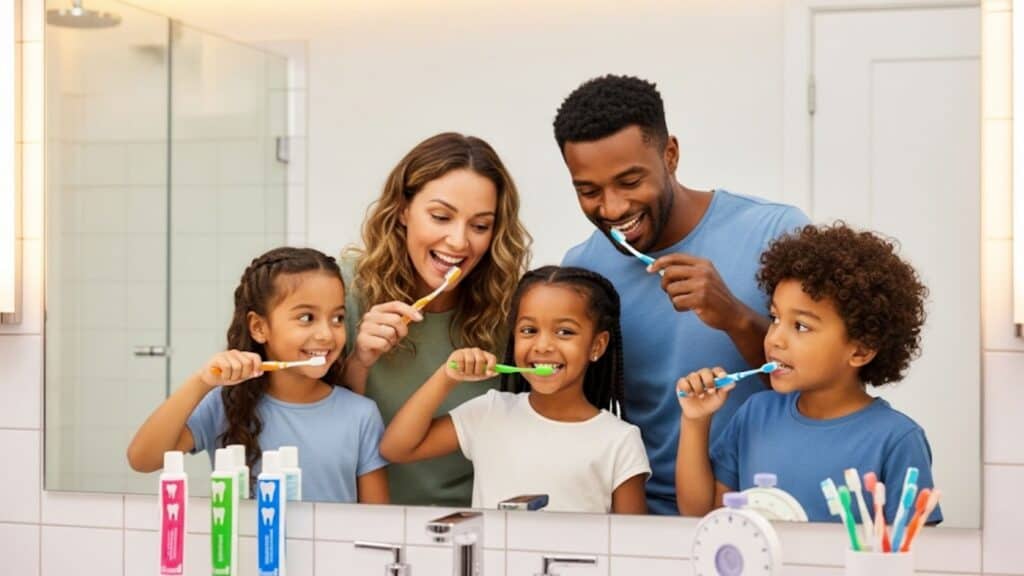 a happy family practicing good oral hygiene together to prevent dental emergencies