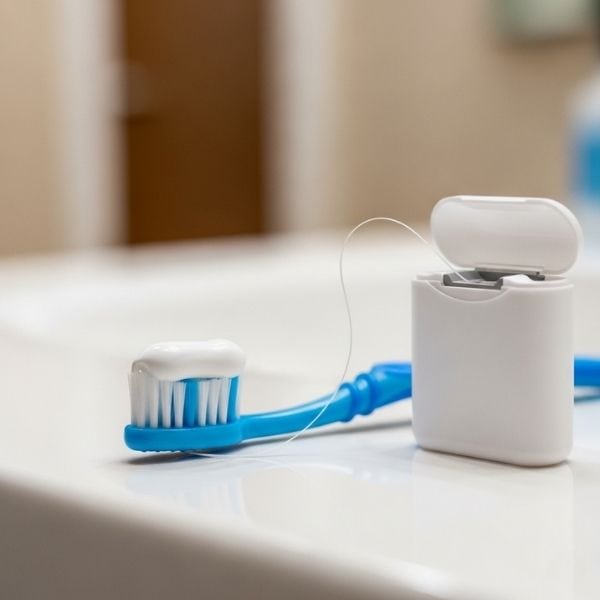 a toothbrush and floss ready for use as part of a daily oral hygiene routine