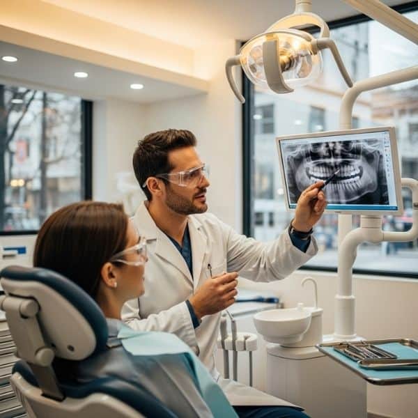 a dentist and patient reviewing an x-ray during a routine check-up at a local dentist office