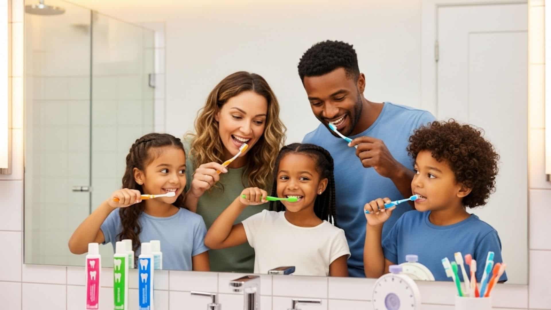 a happy family practicing good oral hygiene together to prevent dental emergencies