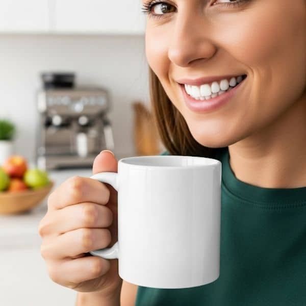 a person with a bright, stain-resistant smile holding a coffee mug