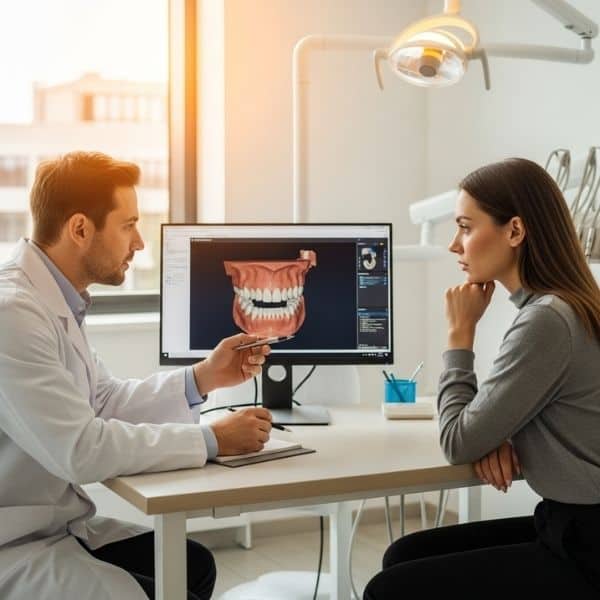 a dentist and patient having a thoughtful consultation about a permanent dental procedure