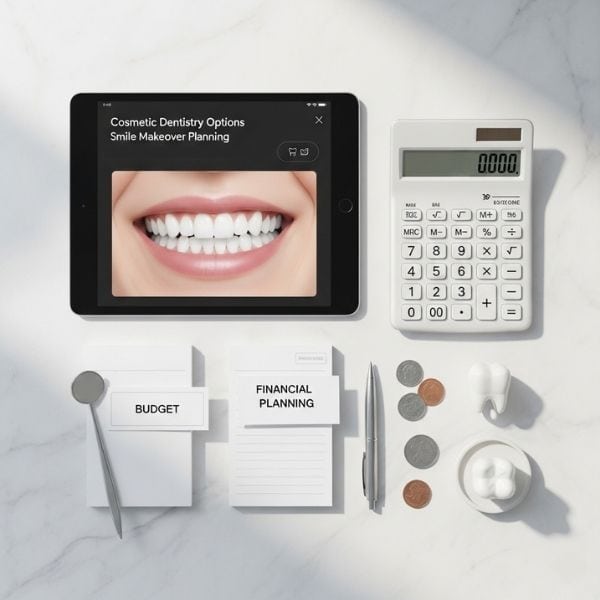 a flat lay of a tablet and calculator, representing the investment and planning for cosmetic dentistry