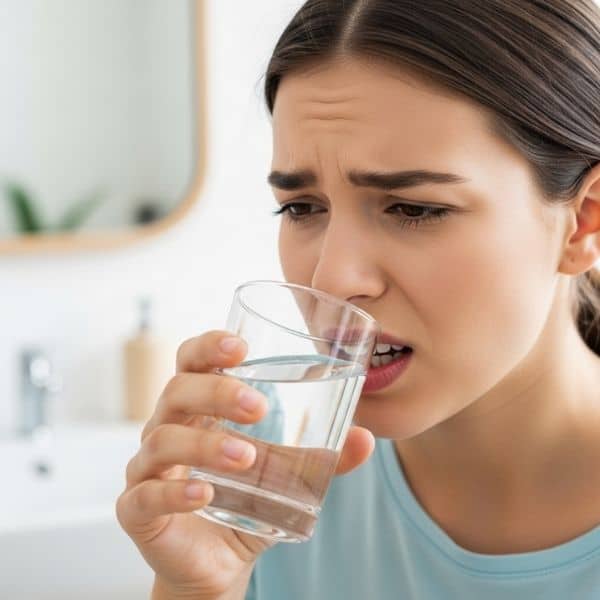 a person carefully drinking water to manage mild tooth sensitivity after a dental crown procedure