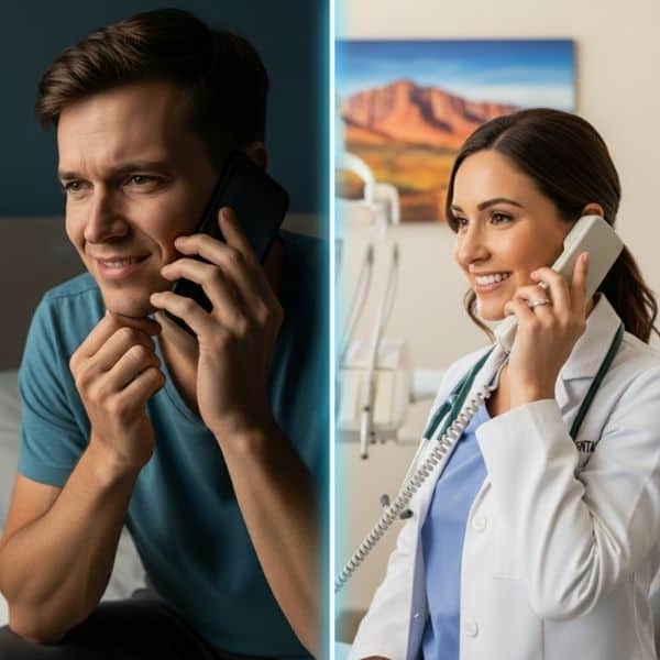 a man calling his dentist's office after a procedure